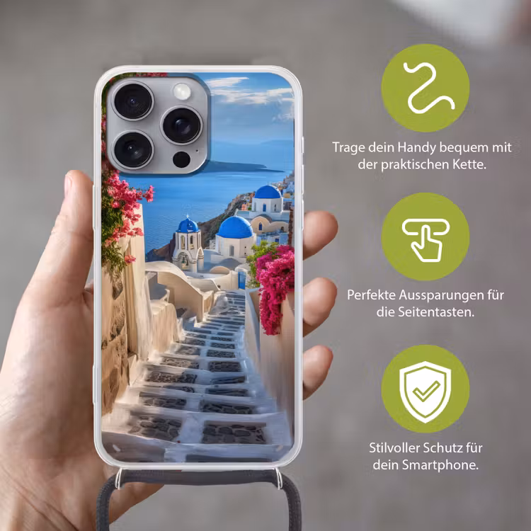 Santorini - Bloemen - Griekenland Hoesje iPhone 16 Pro Max met koord klein -sfeer2_DE