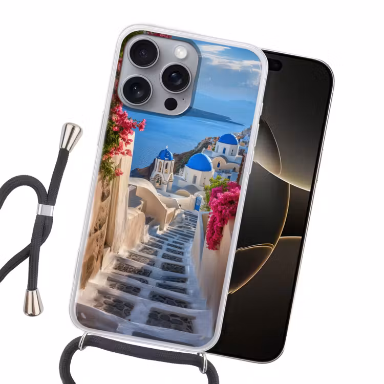 Santorini - Bloemen - Griekenland Hoesje iPhone 16 Pro Max met koord klein -sfeer1