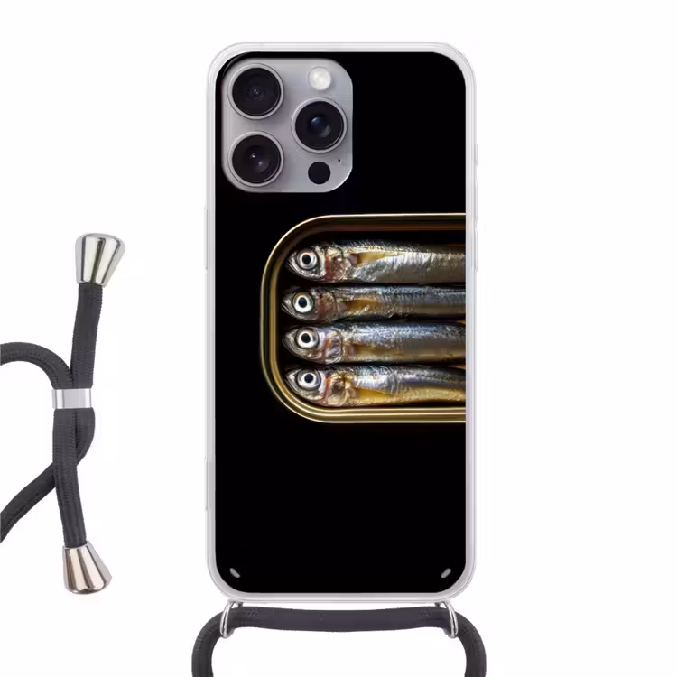 Sardines - Blik - Zwart - Vissen Hoesje iPhone 16 Pro Max met koord klein -3d