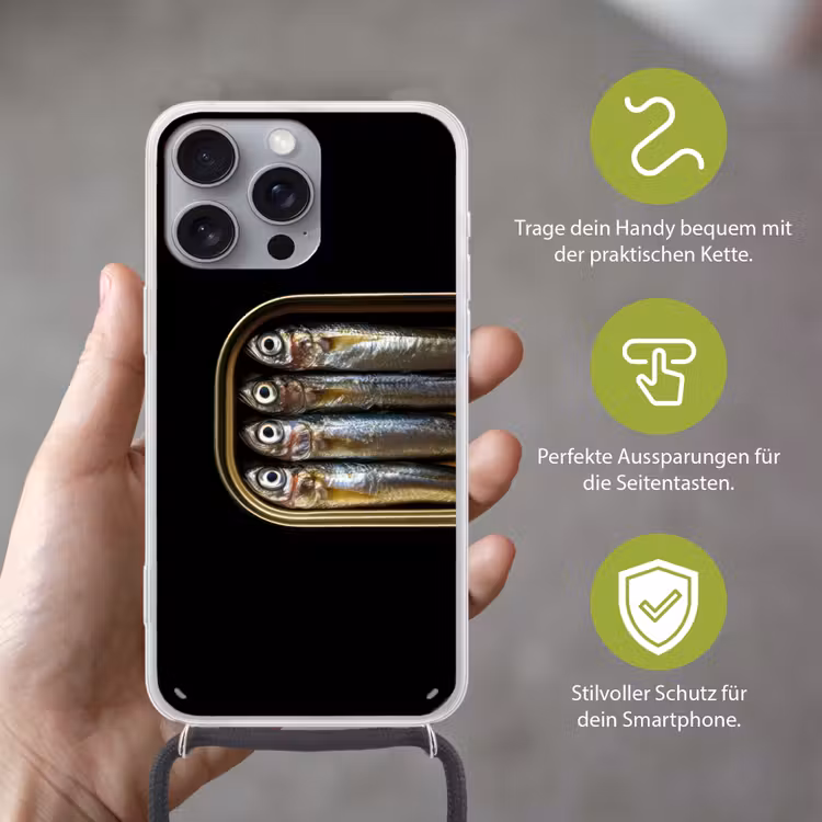 Sardines - Blik - Zwart - Vissen Hoesje iPhone 16 Pro Max met koord klein -sfeer2_DE