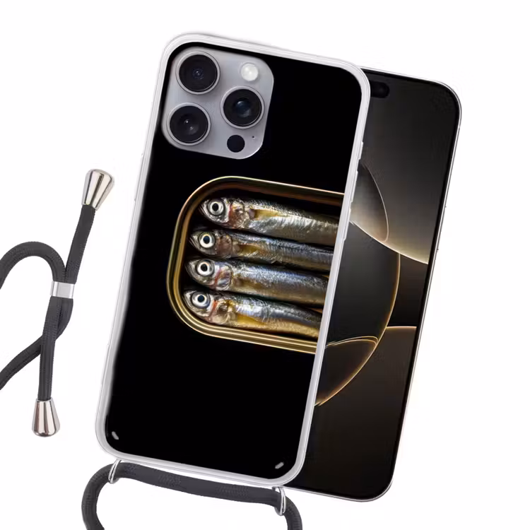 Sardines - Blik - Zwart - Vissen Hoesje iPhone 16 Pro Max met koord klein -sfeer1
