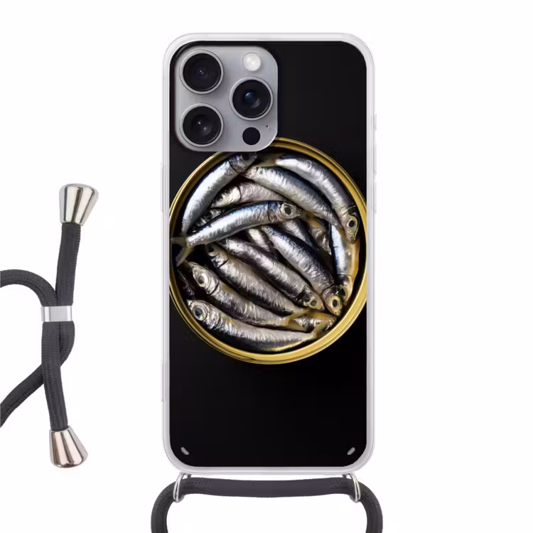 Sardines - Vissen - Rond - Zwart Hoesje iPhone 16 Pro Max met koord klein -3d