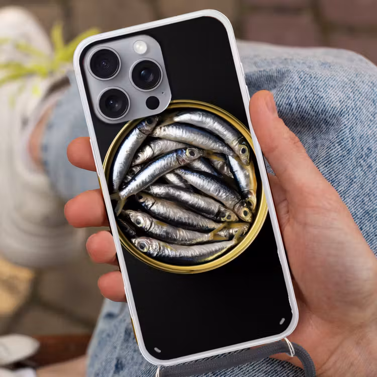 Sardines - Vissen - Rond - Zwart Hoesje iPhone 16 Pro Max met koord klein -sfeer3