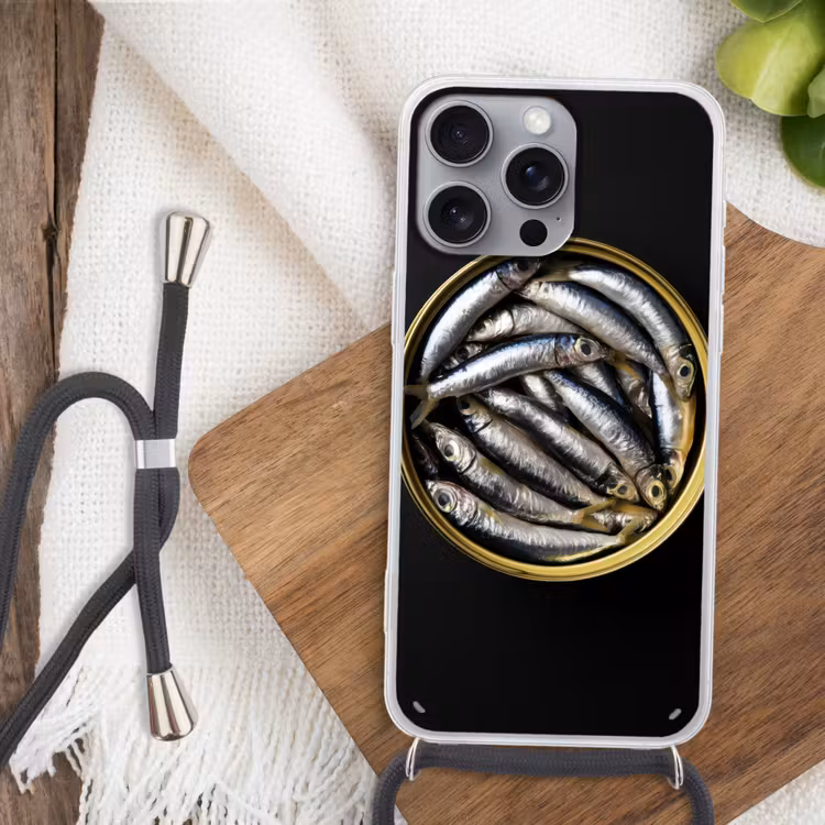 Sardines - Vissen - Rond - Zwart Hoesje iPhone 16 Pro Max met koord klein -sfeer4