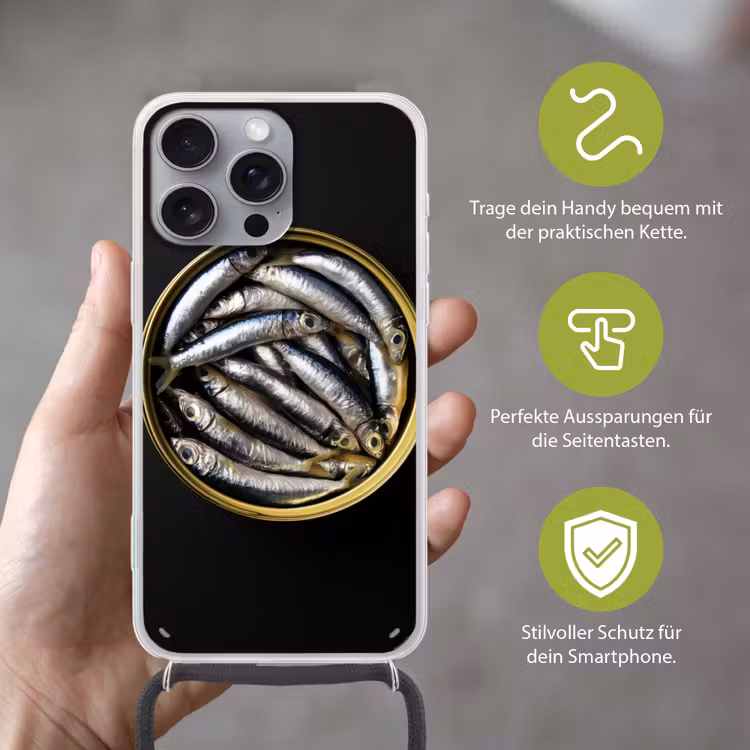 Sardines - Vissen - Rond - Zwart Hoesje iPhone 16 Pro Max met koord klein -sfeer2_DE