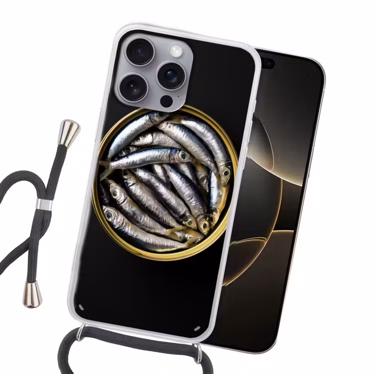 Sardines - Vissen - Rond - Zwart Hoesje iPhone 16 Pro Max met koord klein -sfeer1