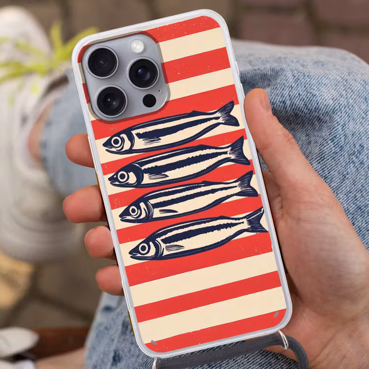 Sardines - Rood en beige strepen Hoesje iPhone 16 Pro Max met koord klein -sfeer3