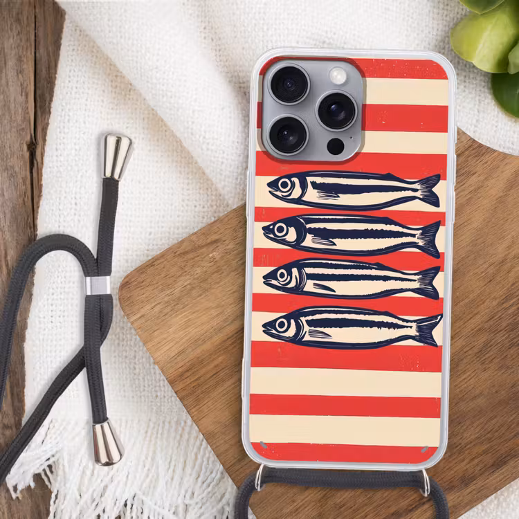 Sardines - Rood en beige strepen Hoesje iPhone 16 Pro Max met koord klein -sfeer4