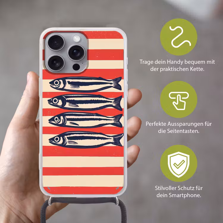 Sardines - Rood en beige strepen Hoesje iPhone 16 Pro Max met koord klein -sfeer2_DE