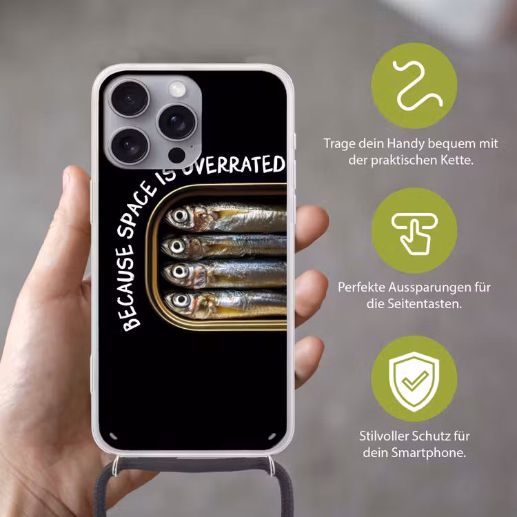 Sardines - Tekst - Vis - Blik Hoesje iPhone 16 Pro Max met koord klein -sfeer2_DE
