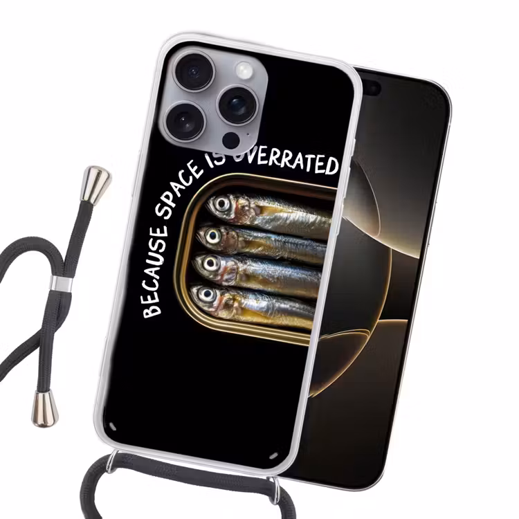Sardines - Tekst - Vis - Blik Hoesje iPhone 16 Pro Max met koord klein -sfeer1