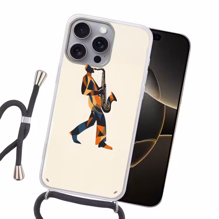 Saxofoon - Abstract - Persoon - Blauw Hoesje iPhone 16 Pro Max met koord klein -sfeer1