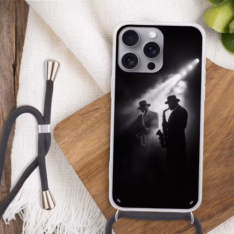 Saxofonisten - Hoeden - Rook - Licht Hoesje iPhone 16 Pro Max met koord klein -sfeer4