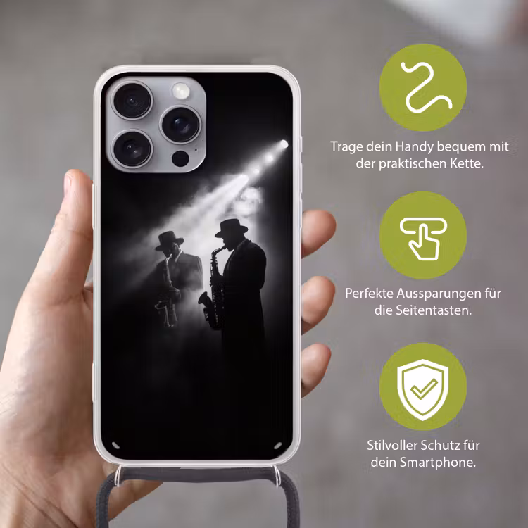 Saxofonisten - Hoeden - Rook - Licht Hoesje iPhone 16 Pro Max met koord klein -sfeer2_DE