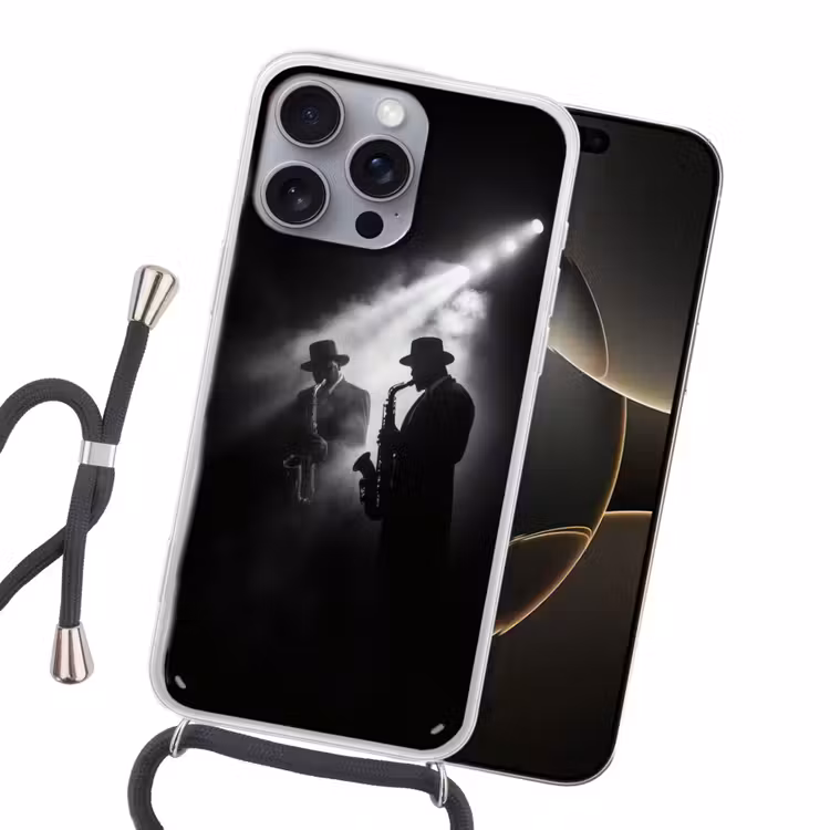 Saxofonisten - Hoeden - Rook - Licht Hoesje iPhone 16 Pro Max met koord klein -sfeer1