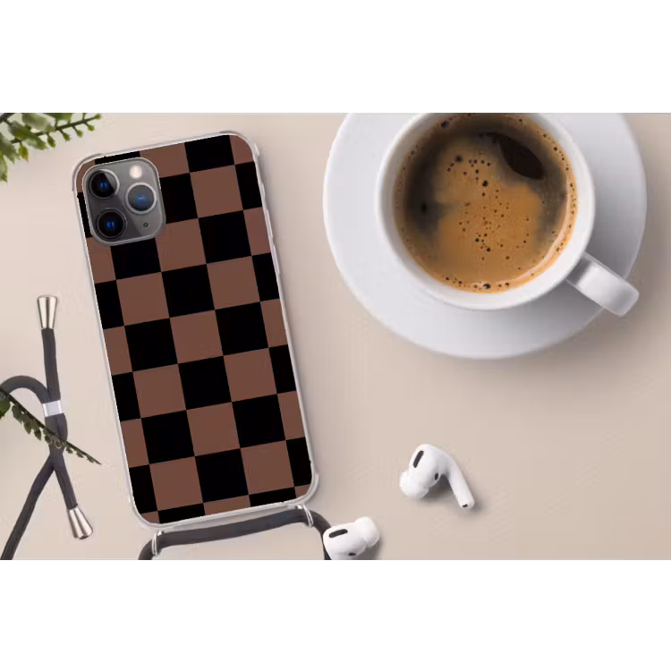 Schaakbord print - Bruin - Zwart - Blokjes Hoesje iPhone 12 Pro met koord klein -oordop