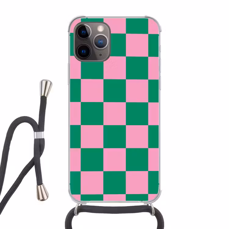 Schaakbord patroon - Groen - Roze - Blokjes Hoesje iPhone 12 Pro met koord klein -3d