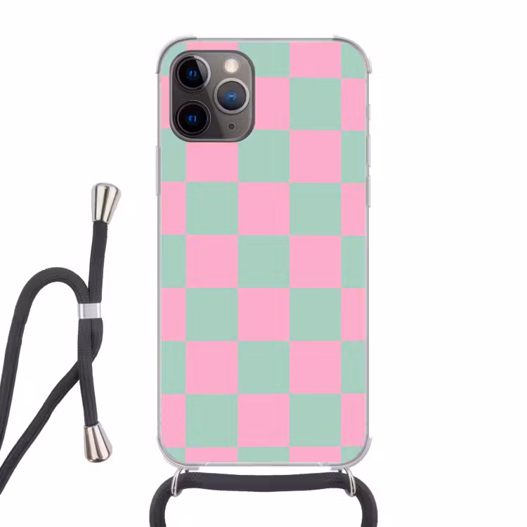Schaakbord patroon - Groen - Roze - Blokjes Hoesje iPhone 12 Pro met koord klein -3d