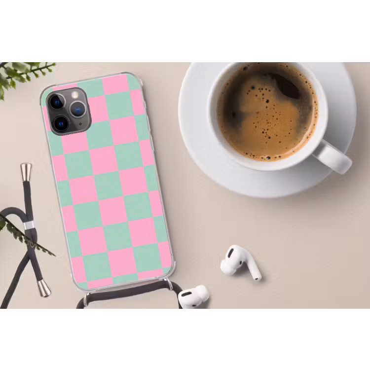 Schaakbord patroon - Groen - Roze - Blokjes Hoesje iPhone 12 Pro met koord klein -oordop