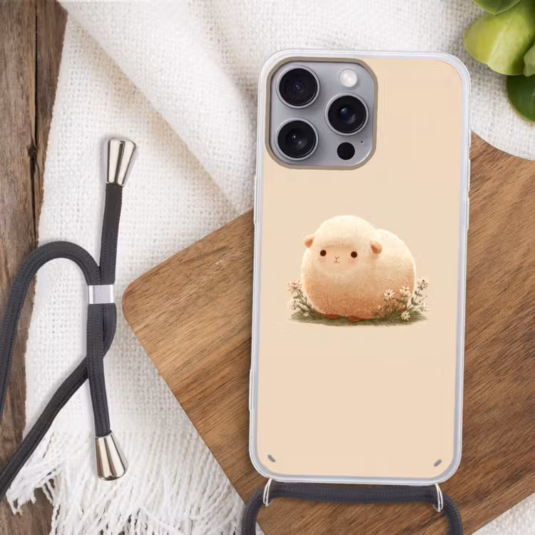 Schaap - Beige - Bloemen Hoesje iPhone 16 Pro Max met koord klein -sfeer4
