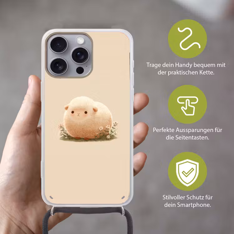 Schaap - Beige - Bloemen Hoesje iPhone 16 Pro Max met koord klein -sfeer2_DE