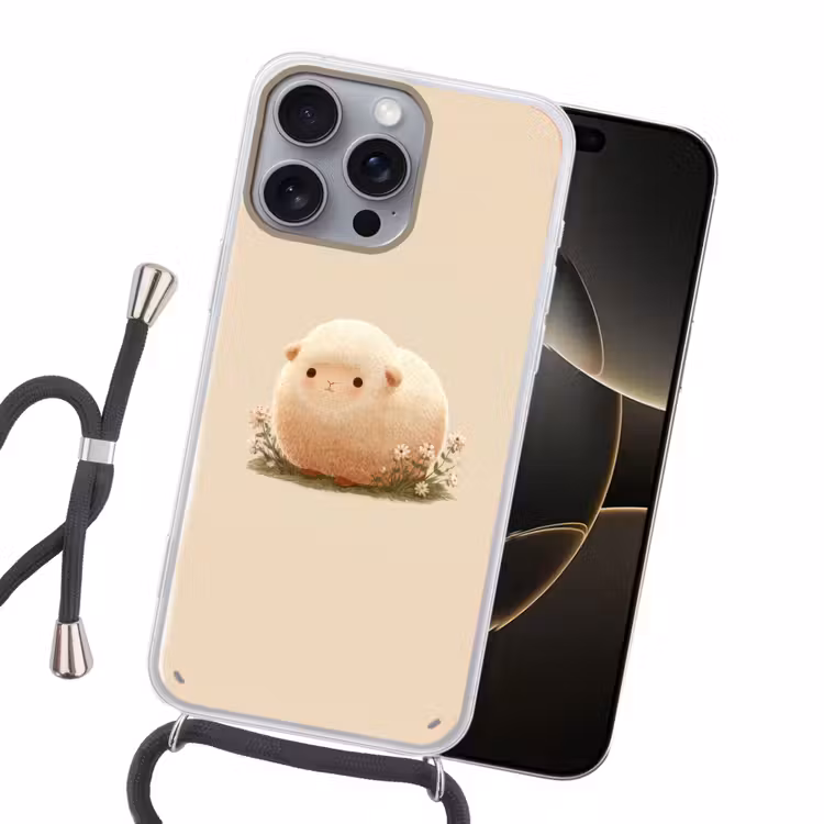 Schaap - Beige - Bloemen Hoesje iPhone 16 Pro Max met koord klein -sfeer1