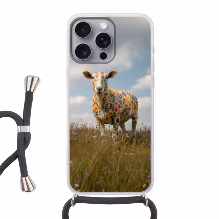 Schaap - Bloemen - Weide Hoesje iPhone 16 Pro Max met koord klein -3d