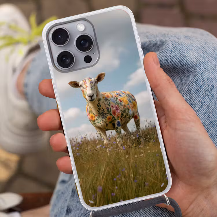 Schaap - Bloemen - Weide Hoesje iPhone 16 Pro Max met koord klein -sfeer3
