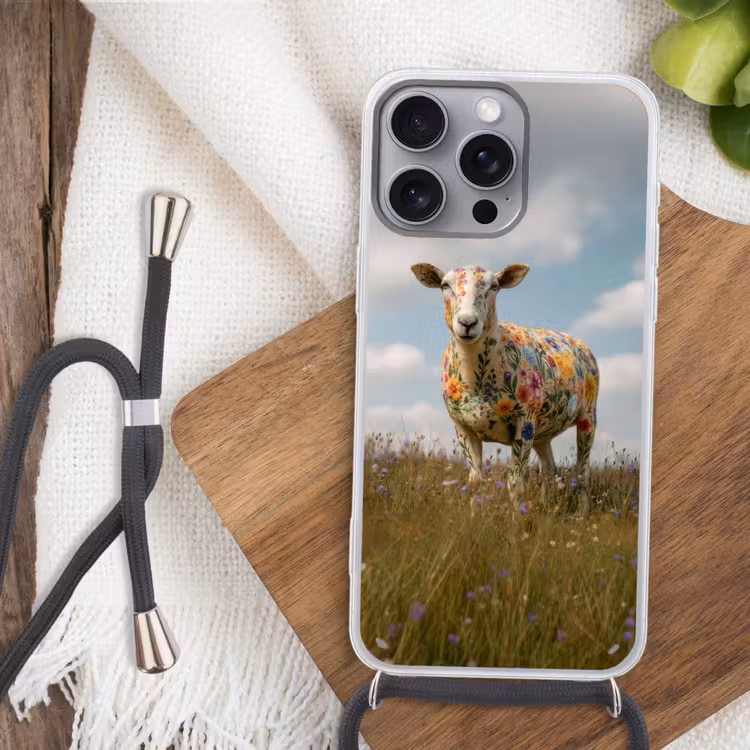 Schaap - Bloemen - Weide Hoesje iPhone 16 Pro Max met koord klein -sfeer4