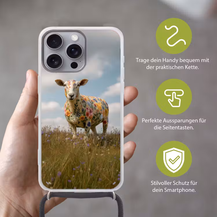 Schaap - Bloemen - Weide Hoesje iPhone 16 Pro Max met koord klein -sfeer2_DE