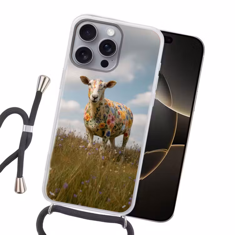 Schaap - Bloemen - Weide Hoesje iPhone 16 Pro Max met koord klein -sfeer1