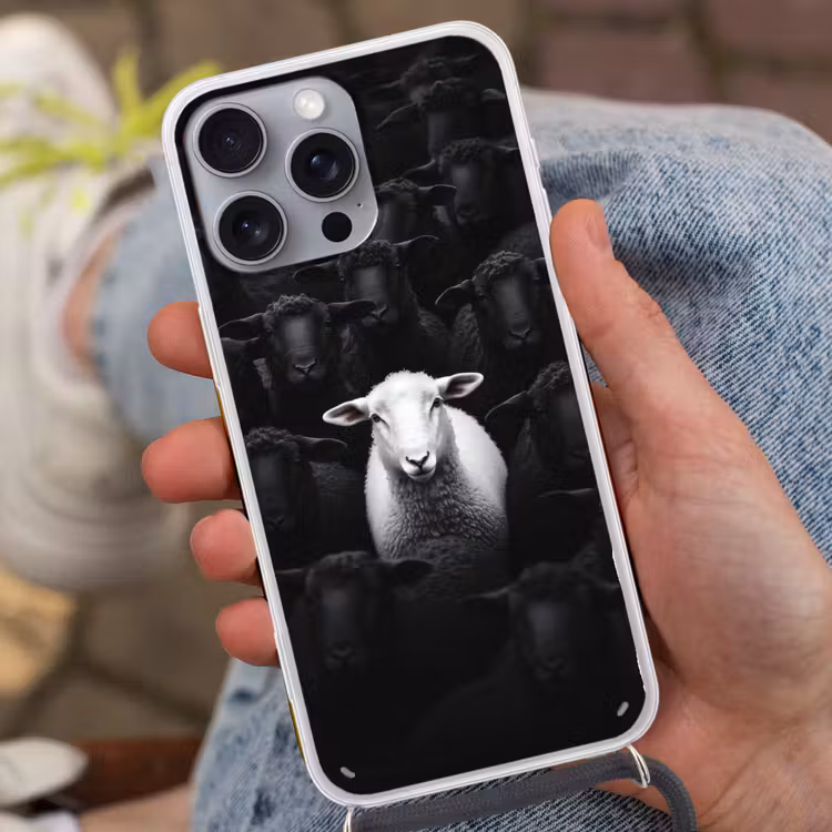 Schapen - Wit - Duisternis Hoesje iPhone 16 Pro Max met koord klein -sfeer3
