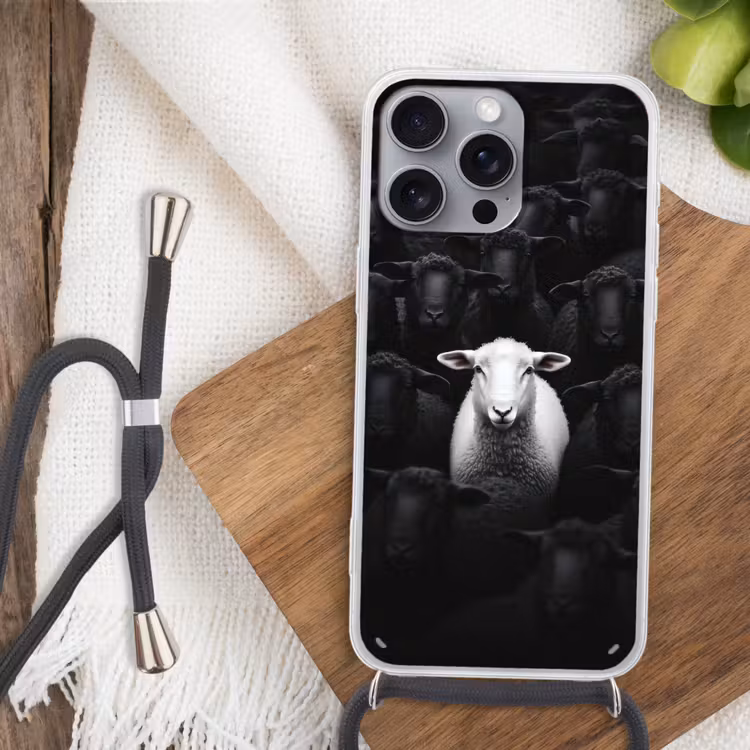 Schapen - Wit - Duisternis Hoesje iPhone 16 Pro Max met koord klein -sfeer4