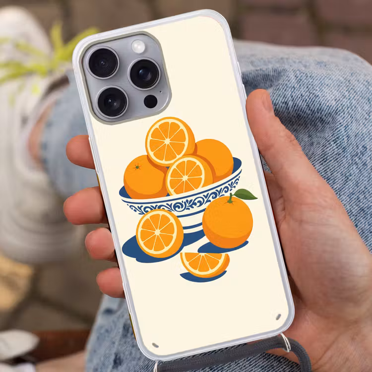 Schaal - Minimalistisch - Oranje - Sinaasappels Hoesje iPhone 16 Pro Max met koord klein -sfeer3