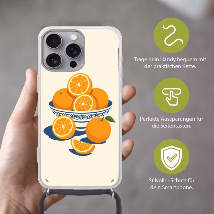 Schaal - Minimalistisch - Oranje - Sinaasappels Hoesje iPhone 16 Pro Max met koord klein -sfeer2_DE