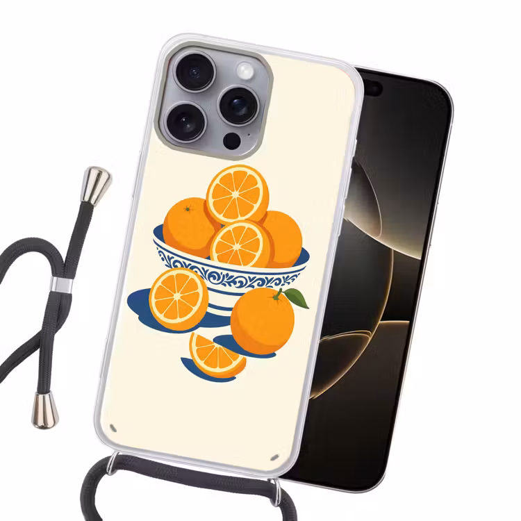 Schaal - Minimalistisch - Oranje - Sinaasappels Hoesje iPhone 16 Pro Max met koord klein -sfeer1