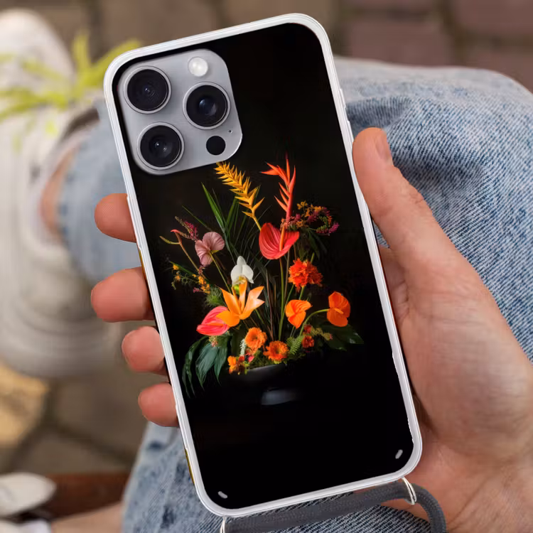 Schaal - Boeket - Bloemen Hoesje iPhone 16 Pro Max met koord klein -sfeer3