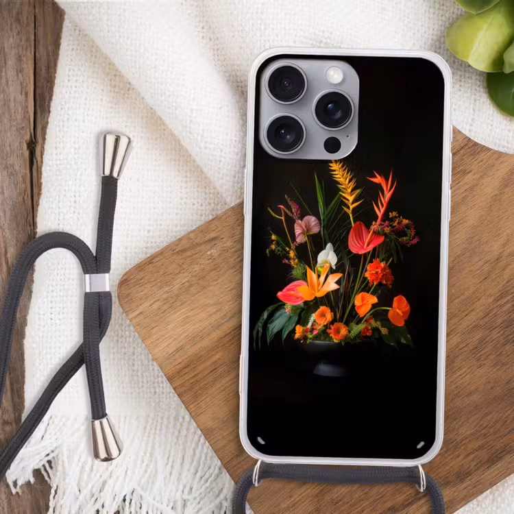 Schaal - Boeket - Bloemen Hoesje iPhone 16 Pro Max met koord klein -sfeer4