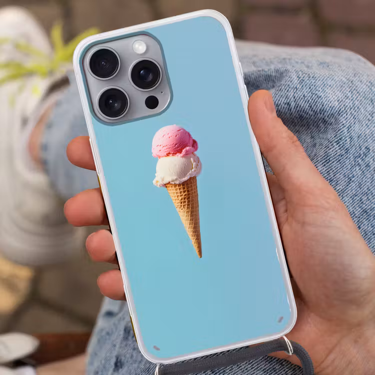 Bolletjes - Schepijs - Hoorntje - Blauw Hoesje iPhone 16 Pro Max met koord klein -sfeer3