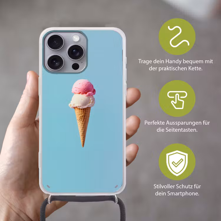 Bolletjes - Schepijs - Hoorntje - Blauw Hoesje iPhone 16 Pro Max met koord klein -sfeer2_DE