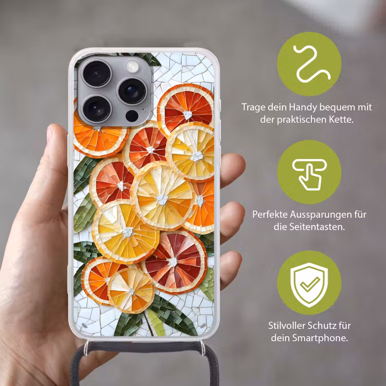 Schijfjes - Fruit - Oranje - Mozaïek Hoesje iPhone 16 Pro Max met koord klein -sfeer2_DE