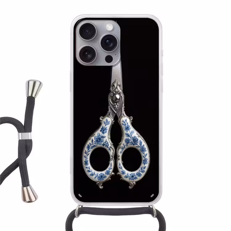 Schaar - Delfts blauw - Zwart Hoesje iPhone 16 Pro Max met koord klein -3d