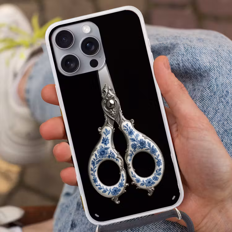 Schaar - Delfts blauw - Zwart Hoesje iPhone 16 Pro Max met koord klein -sfeer3