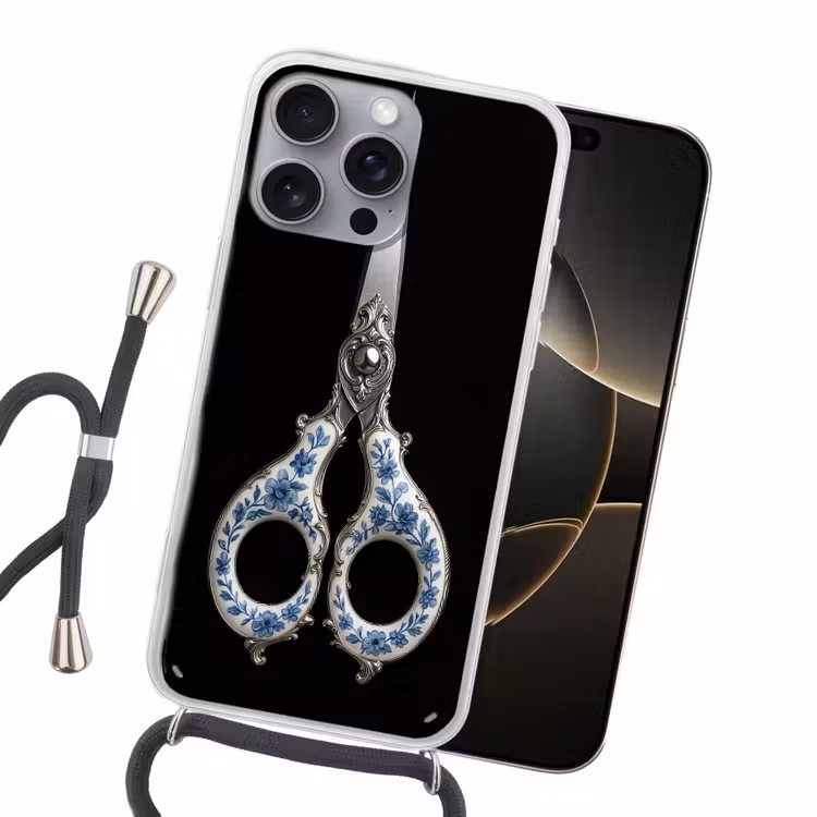 Schaar - Delfts blauw - Zwart Hoesje iPhone 16 Pro Max met koord klein -sfeer1