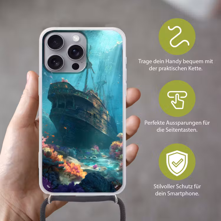 Schip - Hout - Koraalriffen - Zonlicht Hoesje iPhone 16 Pro Max met koord klein -sfeer2_DE