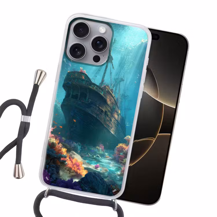 Schip - Hout - Koraalriffen - Zonlicht Hoesje iPhone 16 Pro Max met koord klein -sfeer1