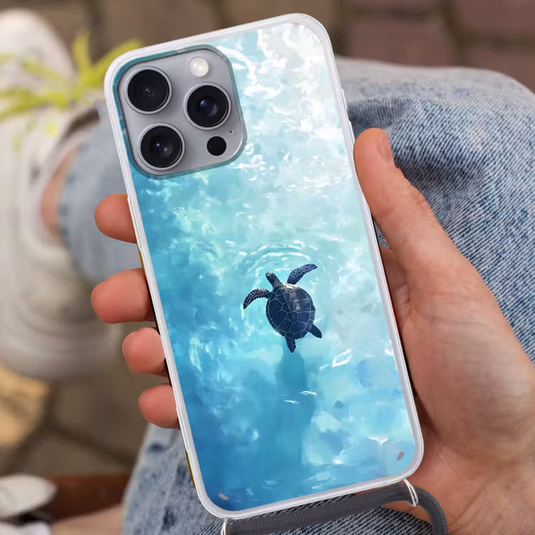 Schildpad - Zee - Blauw - Schittering Hoesje iPhone 16 Pro Max met koord klein -sfeer3