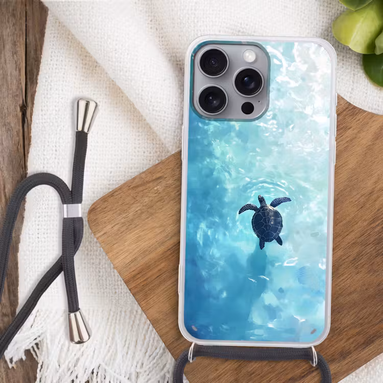 Schildpad - Zee - Blauw - Schittering Hoesje iPhone 16 Pro Max met koord klein -sfeer4