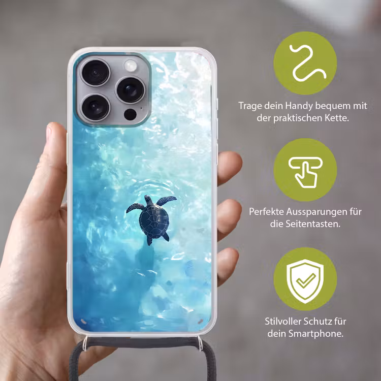 Schildpad - Zee - Blauw - Schittering Hoesje iPhone 16 Pro Max met koord klein -sfeer2_DE