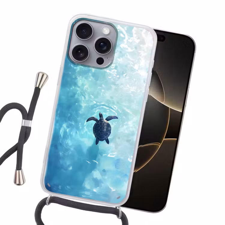 Schildpad - Zee - Blauw - Schittering Hoesje iPhone 16 Pro Max met koord klein -sfeer1
